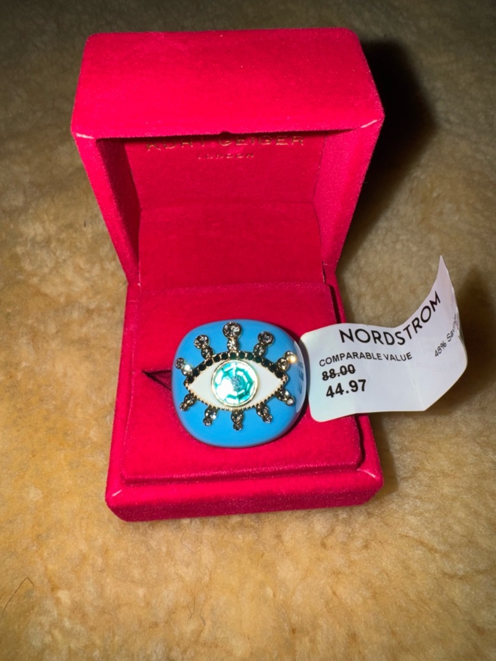 Kurt Geiger Turquoise Blue Enamel Evil Eye Ring with Gold Accents and gems